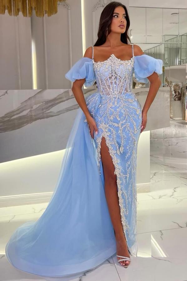 Spaghetti Straps Off The Shoulder Mermaid Tulle Appliques Lace Prom Dress with slit-BallBride