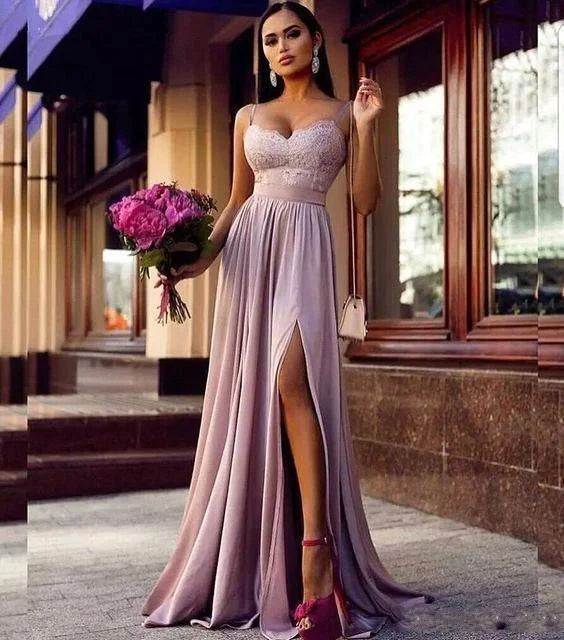 Spaghetti-Straps Pink Lace Evening Party Gowns Long With Split-BallBride