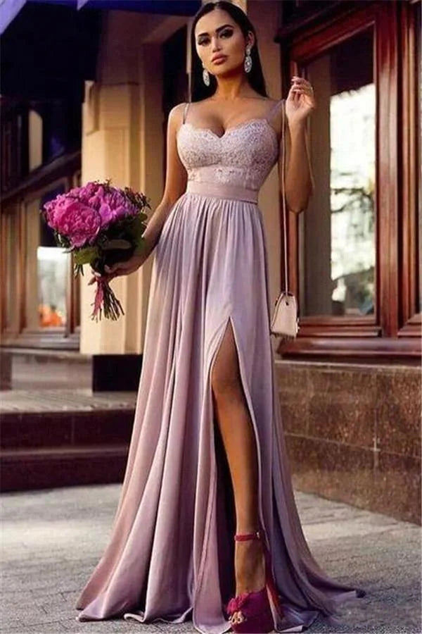 Spaghetti-Straps Pink Lace Evening Party Gowns Long With Split-BallBride