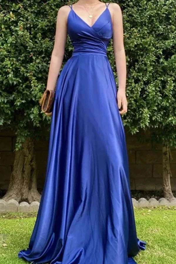 Spaghetti-Straps Royal Blue Long Evening Dress String Back-BallBride