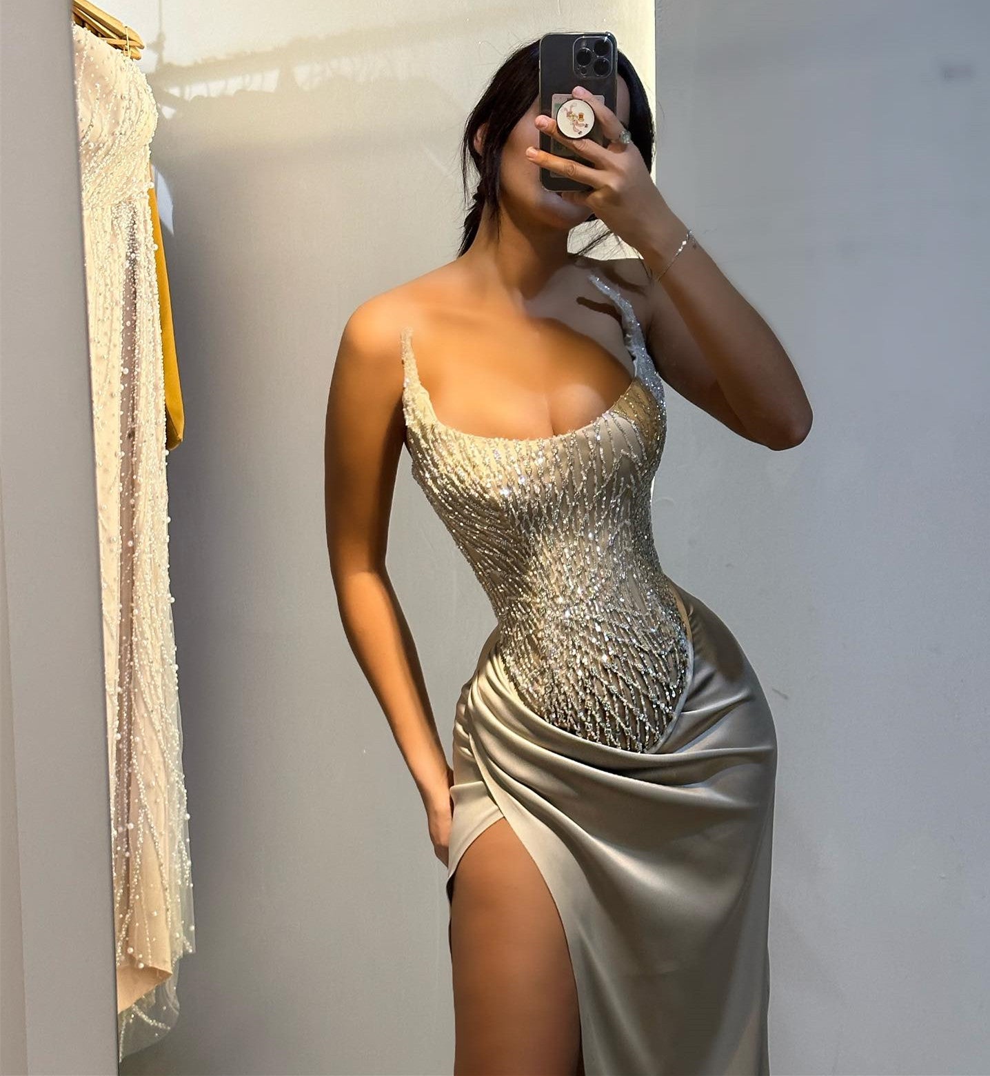 Spaghetti Straps Scoop Neck Long Mermaid Prom Dress with High Split Side-BallBride