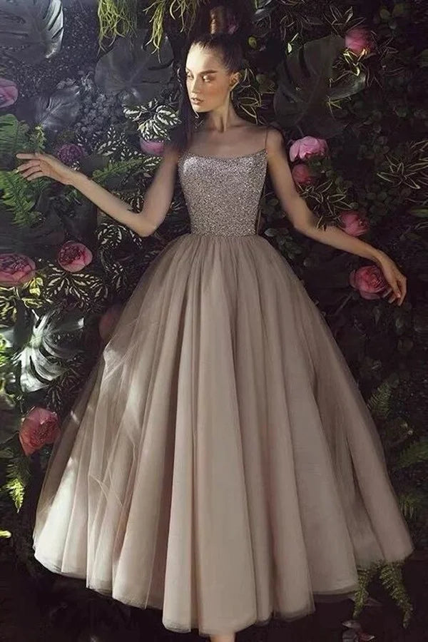 Spaghetti-Straps Sequins Long Tulle Evening Dress-BallBride