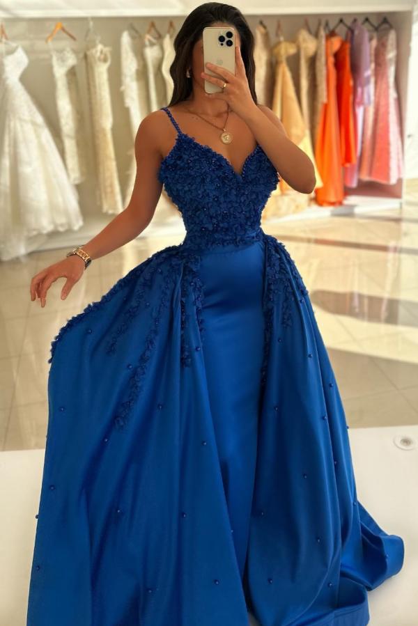 Spaghetti Straps Sweetheart Satin A-Line Prom Dress with Flowers and Panel Train-BallBride