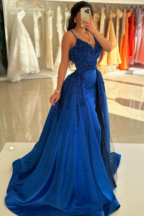Spaghetti Straps Sweetheart Satin A-Line Prom Dress with Flowers and Panel Train-BallBride