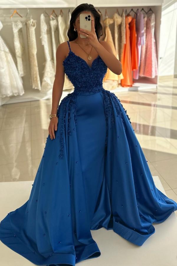 Spaghetti Straps Sweetheart Satin A-Line Prom Dress with Flowers and Panel Train-BallBride