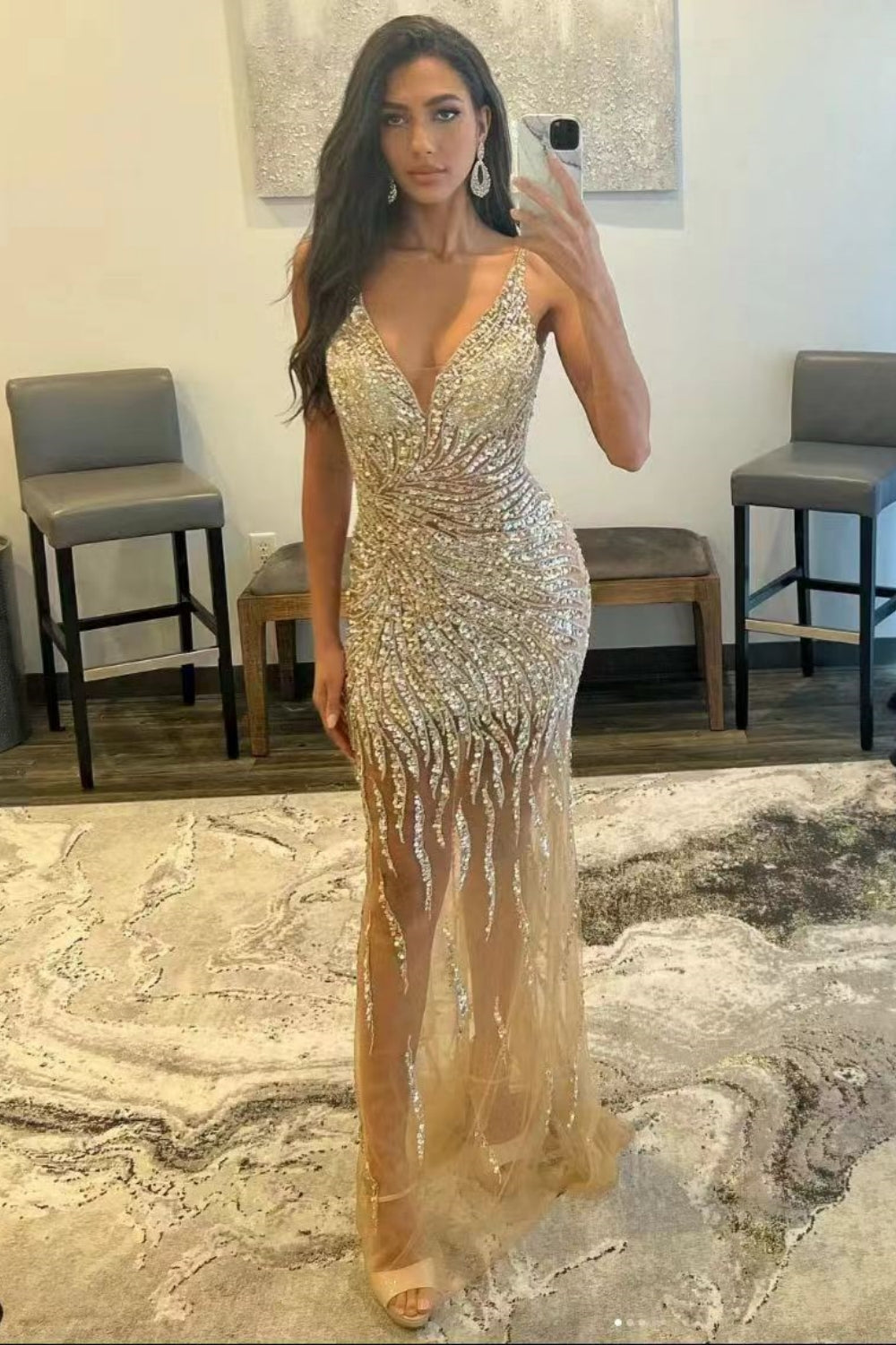 Spaghetti Straps V-Ncek Backless Mermaid Tulle Prom Dress with Sequins-BallBride