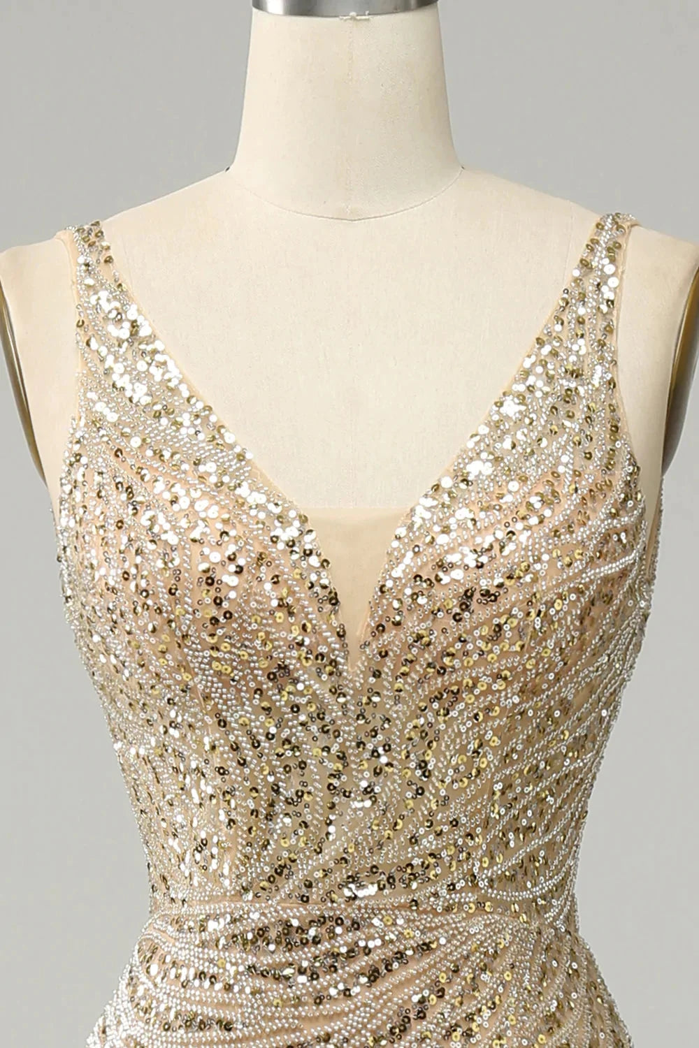 Spaghetti Straps V-Ncek Backless Mermaid Tulle Prom Dress with Sequins-BallBride