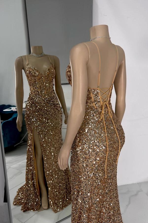 Spaghetti Straps V Neck Backless Mermaid Long Prom Dress with Sequins and Rhinestones-BallBride