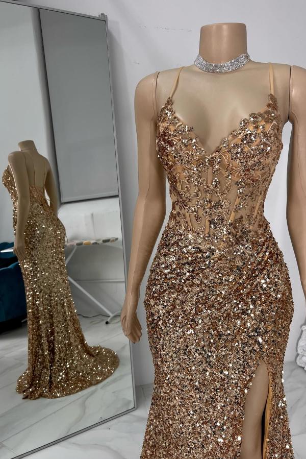 Spaghetti Straps V Neck Backless Mermaid Long Prom Dress with Sequins and Rhinestones-BallBride