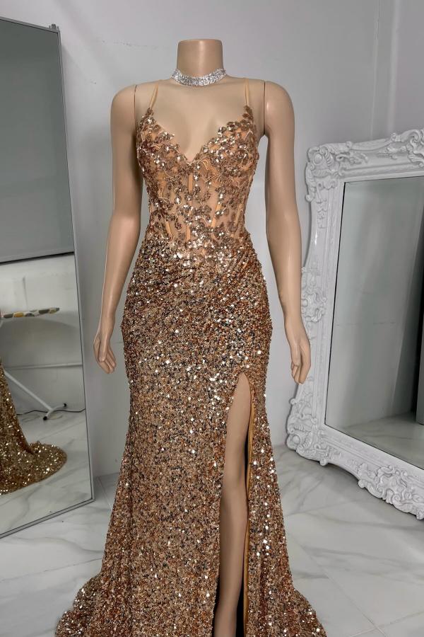 Spaghetti Straps V Neck Backless Mermaid Long Prom Dress with Sequins and Rhinestones-BallBride