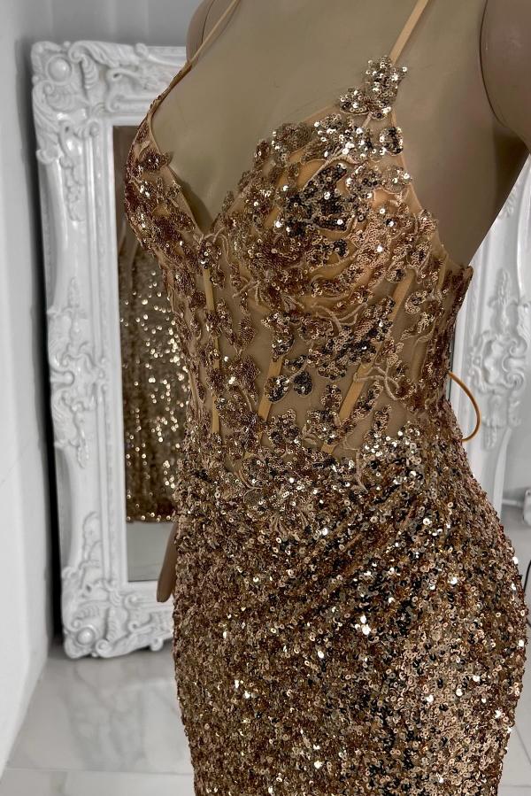 Spaghetti Straps V Neck Backless Mermaid Long Prom Dress with Sequins and Rhinestones-BallBride