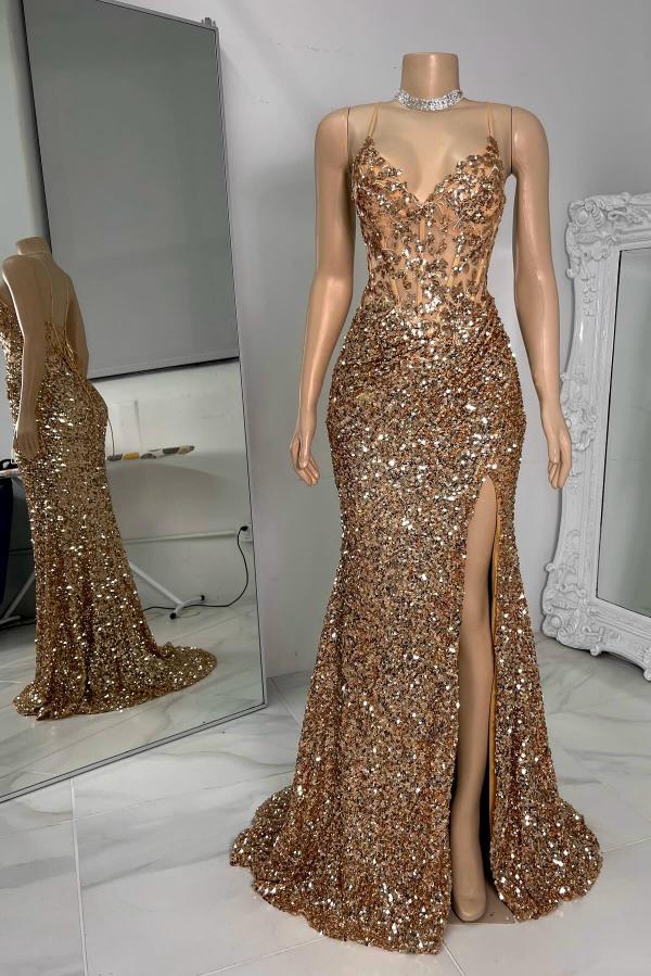 Spaghetti Straps V Neck Backless Mermaid Long Prom Dress with Sequins and Rhinestones-BallBride
