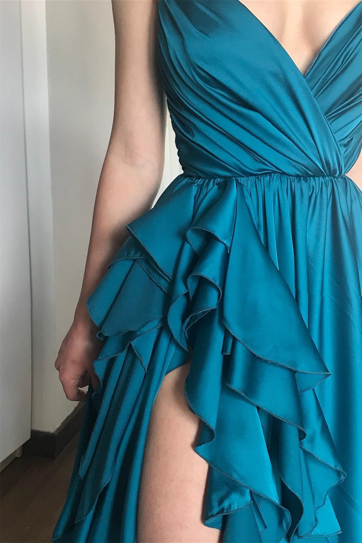 Spaghetti Straps V-Neck Tiered Side Split A-Line Satin Prom Dress-BallBride
