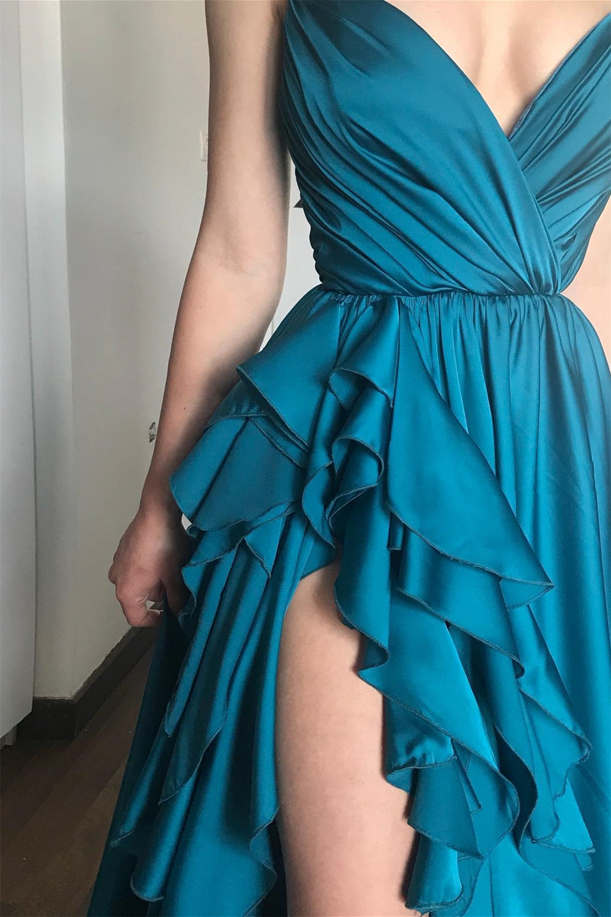 Spaghetti Straps V-Neck Tiered Side Split A-Line Satin Prom Dress-BallBride