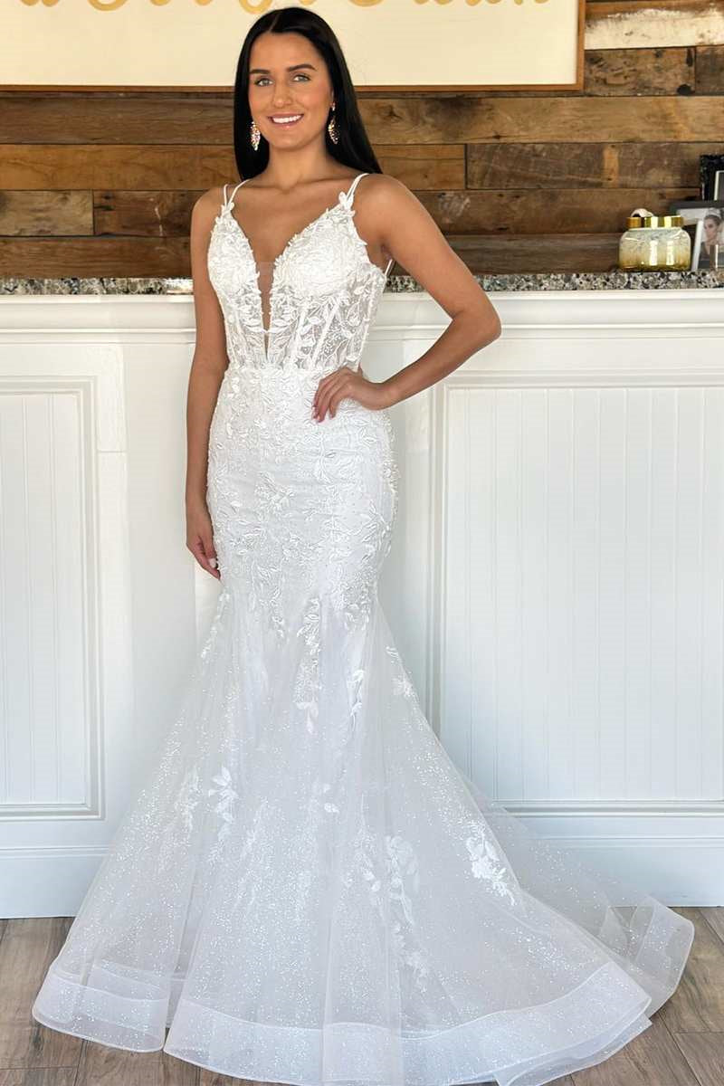 Spaghetti Straps V-Neck Tulle Lace Mermaid Long Wedding Dress-BallBride