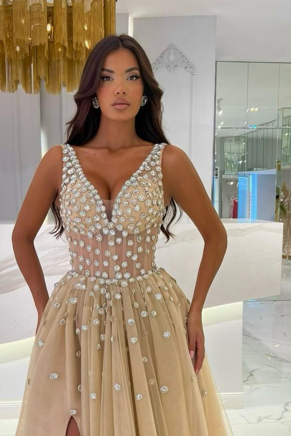 Spaghetti Straps V-Neck Tulle Prom Dress with Ruffles and Rhinestones-BallBride