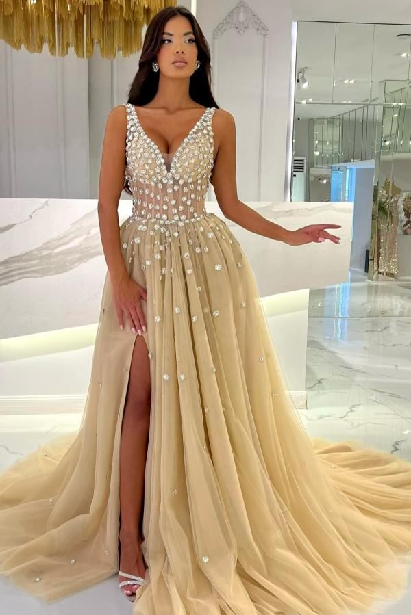 Spaghetti Straps V-Neck Tulle Prom Dress with Ruffles and Rhinestones-BallBride