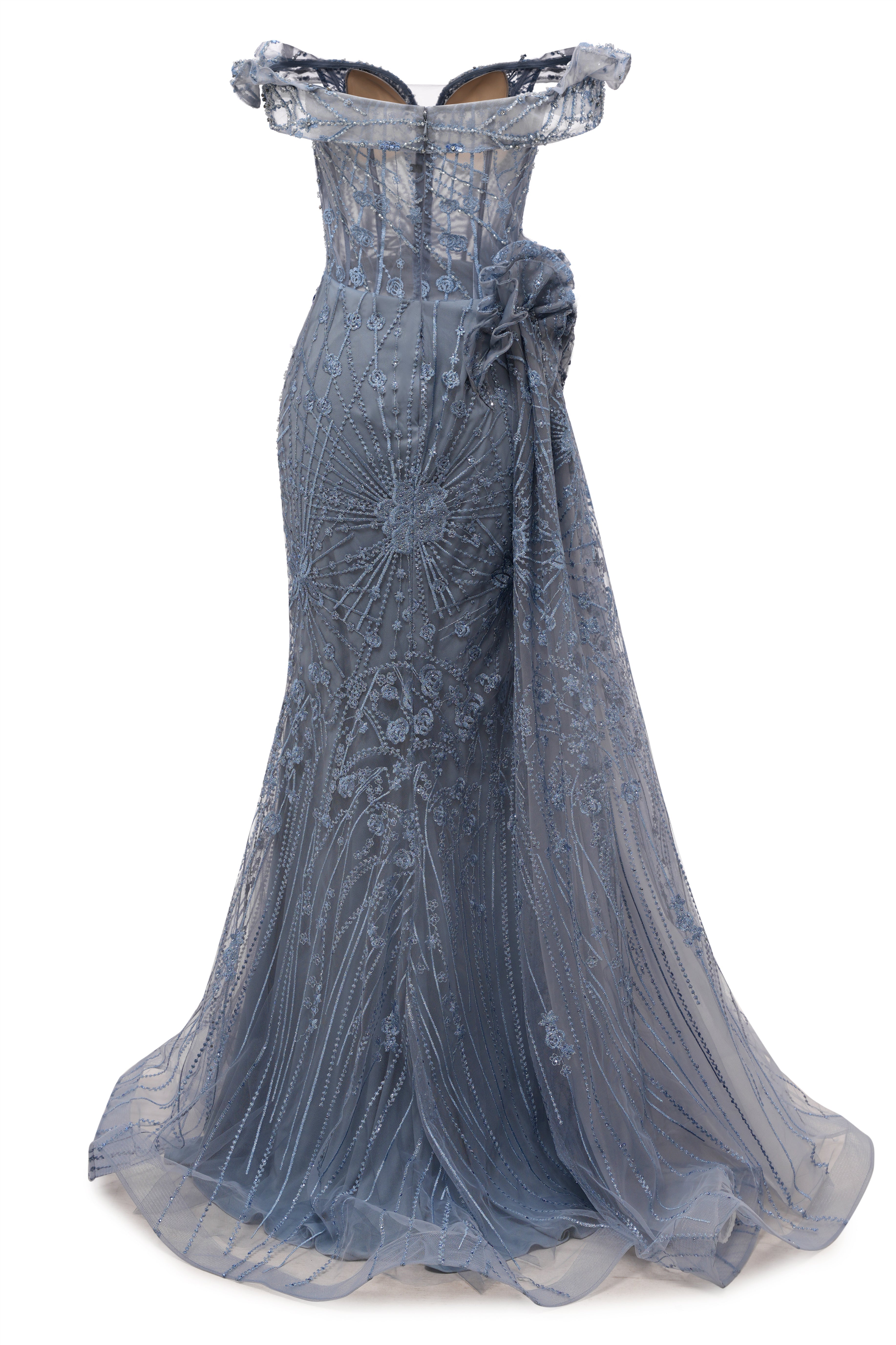 Sparkle Beaded Gray Off the shoulder Flowers Evening Dresses-BallBride