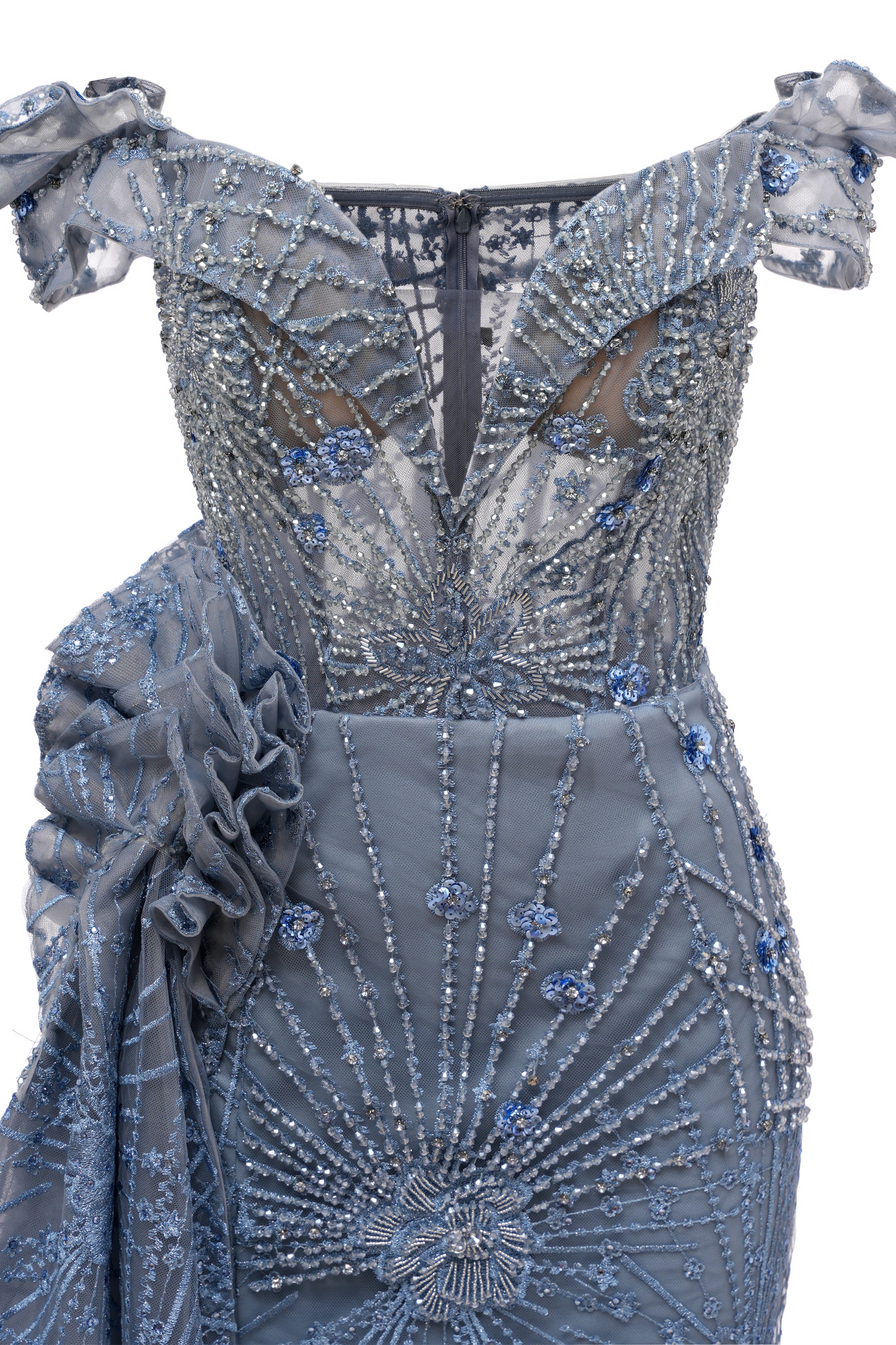 Sparkle Beaded Gray Off the shoulder Flowers Evening Dresses-BallBride