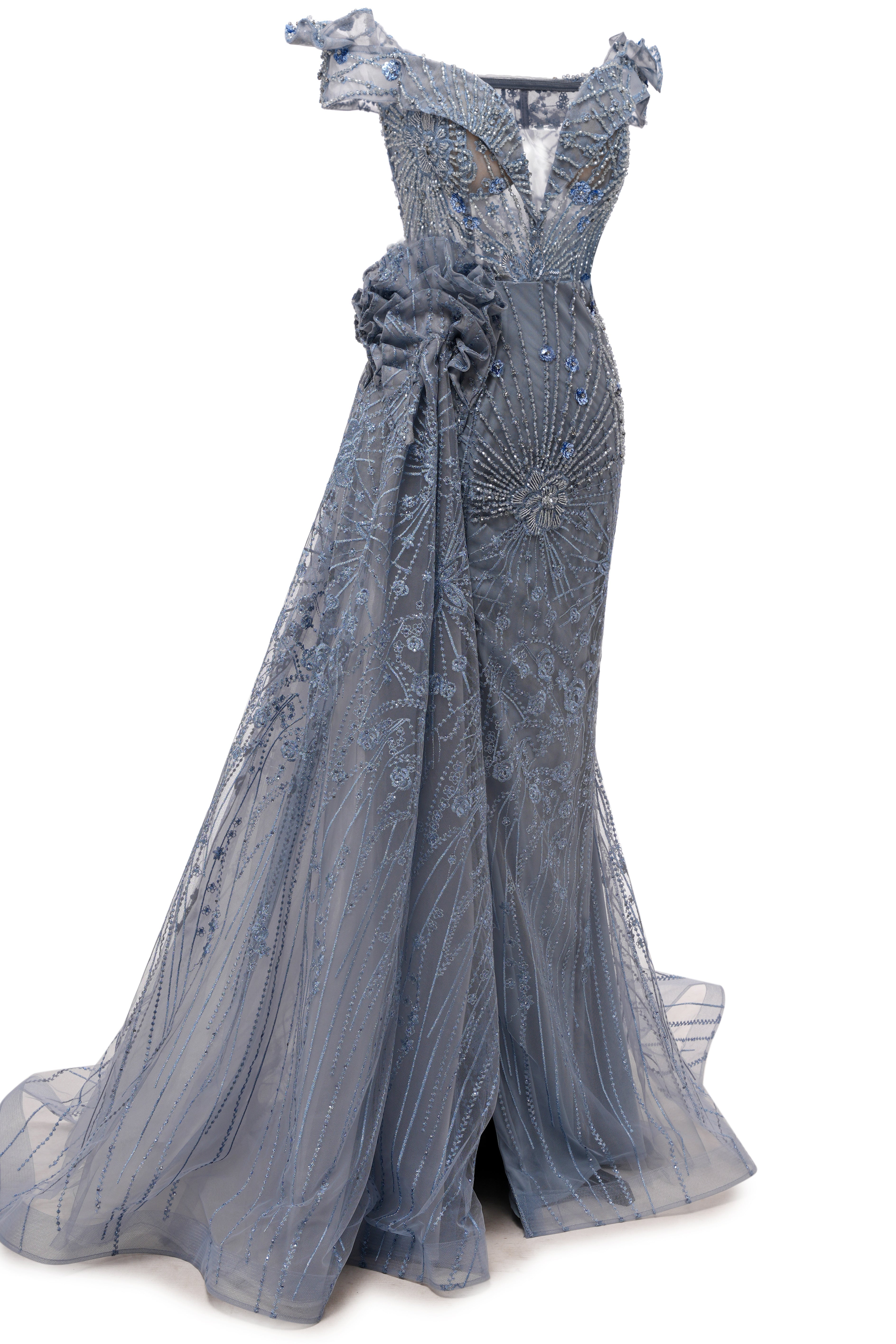 Sparkle Beaded Gray Off the shoulder Flowers Evening Dresses-BallBride