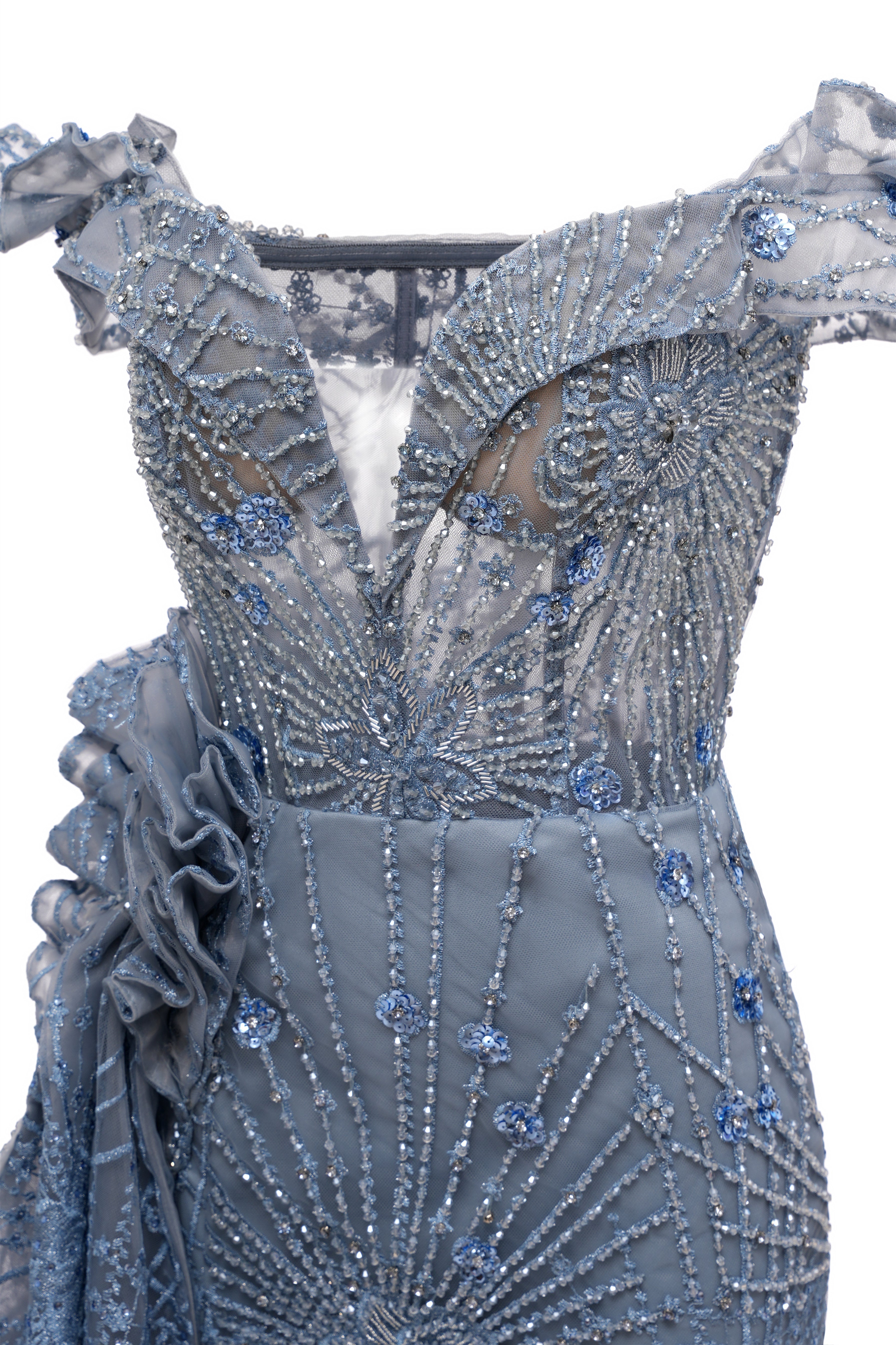Sparkle Beaded Gray Off the shoulder Flowers Evening Dresses-BallBride
