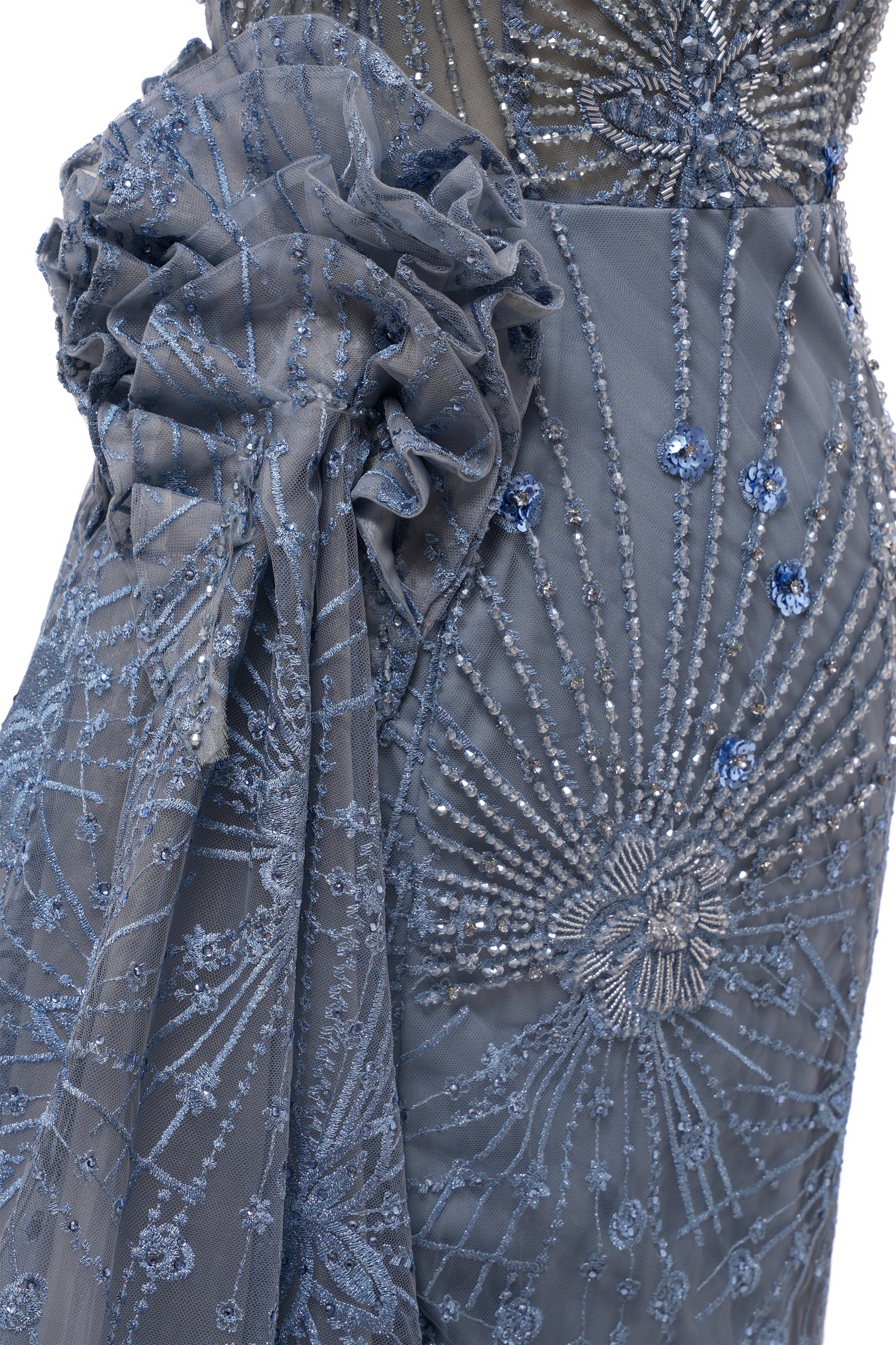 Sparkle Beaded Gray Off the shoulder Flowers Evening Dresses-BallBride