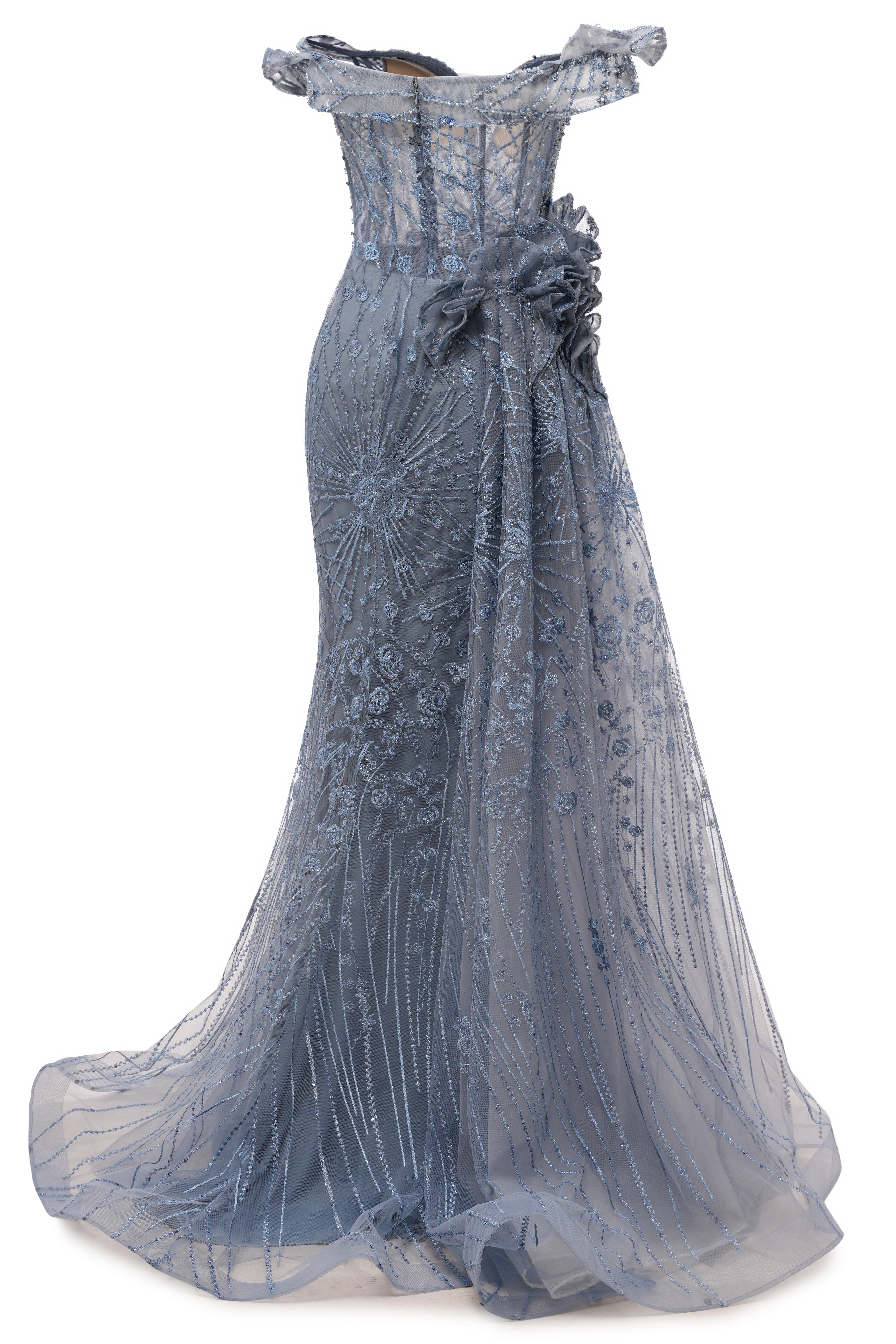 Sparkle Beaded Gray Off the shoulder Flowers Evening Dresses-BallBride