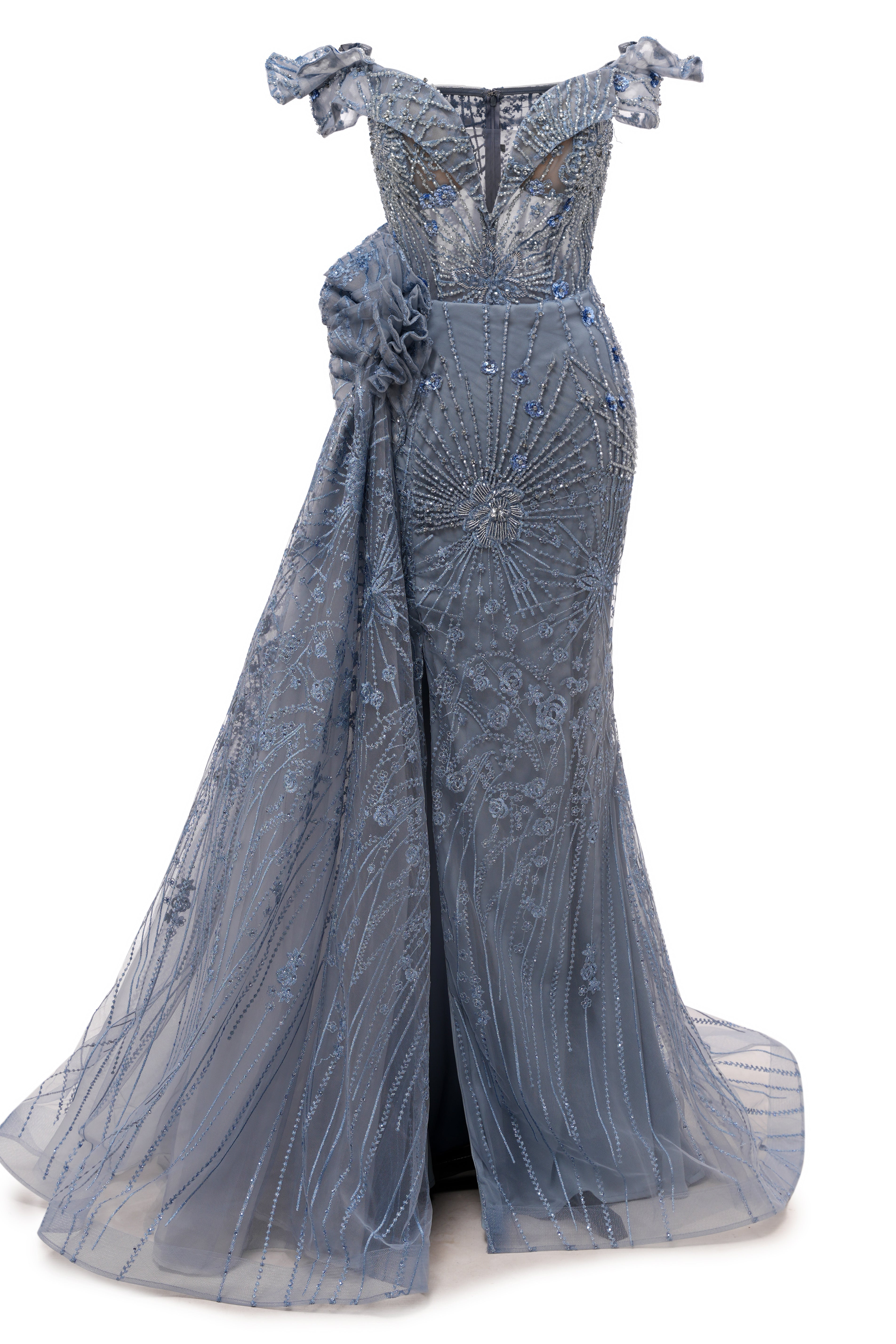 Sparkle Beaded Gray Off the shoulder Flowers Evening Dresses-BallBride