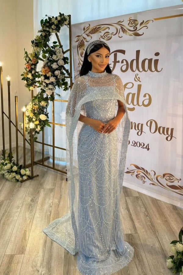 Sparkle Blue Mermaid Beads Beading Prom Dress with Watteau-BallBride