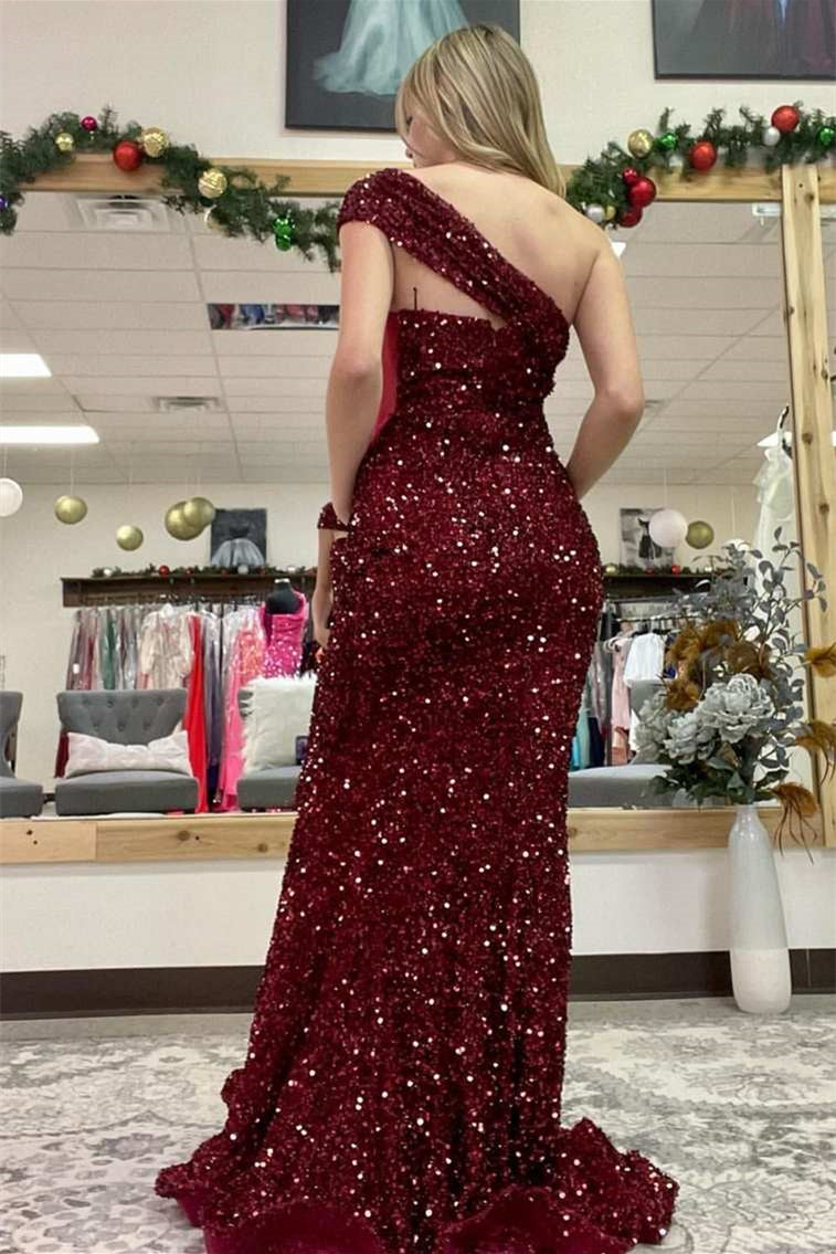 Sparkle Burgundy One Shoulder Mermaid Sequined Long Prom Dress-BallBride