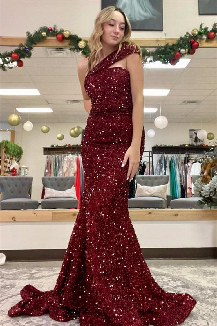 Sparkle Burgundy One Shoulder Mermaid Sequined Long Prom Dress-BallBride