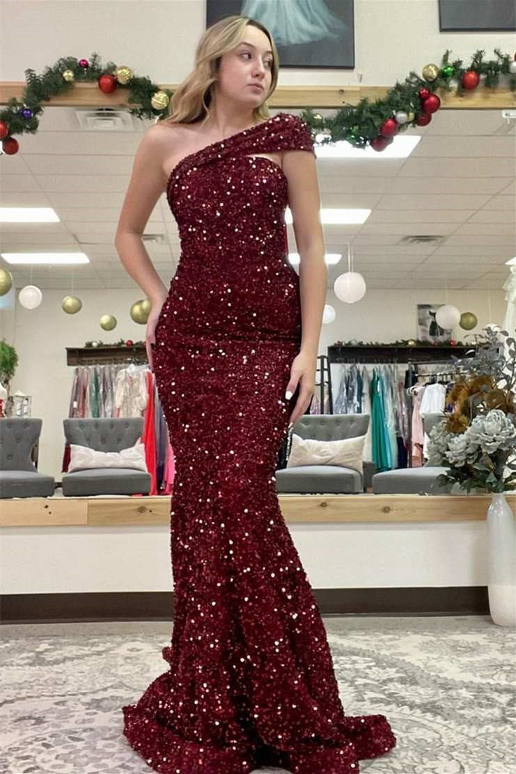 Sparkle Burgundy One Shoulder Mermaid Sequined Long Prom Dress-BallBride
