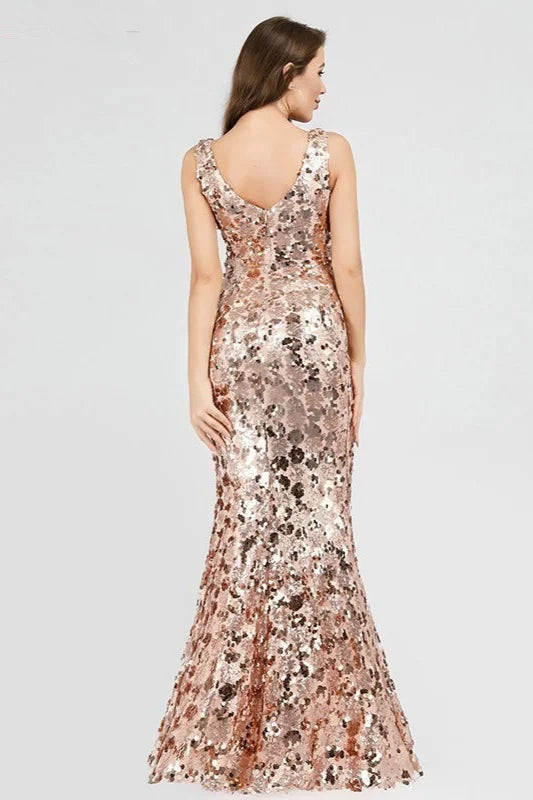 Sparkle Gold Sequins Prom Dress Long Mermaid Evening Party Gowns-BallBride