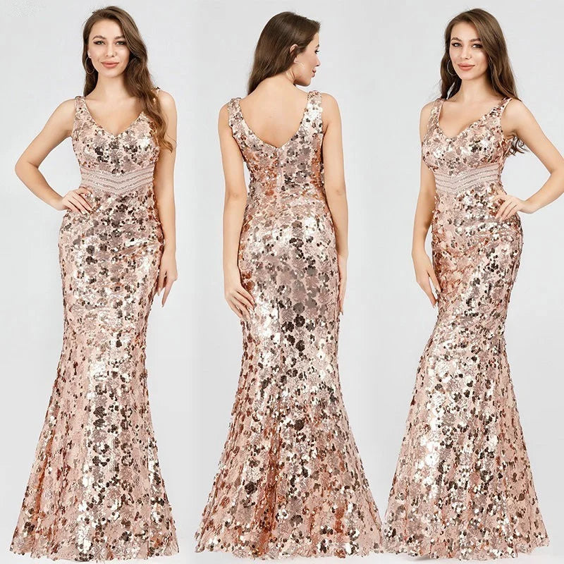 Sparkle Gold Sequins Prom Dress Long Mermaid Evening Party Gowns-BallBride