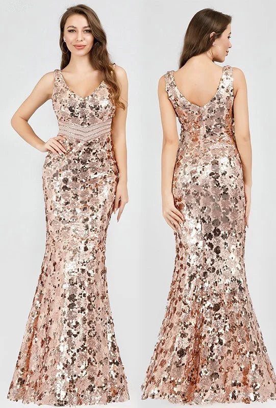 Sparkle Gold Sequins Prom Dress Long Mermaid Evening Party Gowns-BallBride
