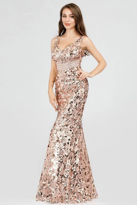 Sparkle Gold Sequins Prom Dress Long Mermaid Evening Party Gowns-BallBride
