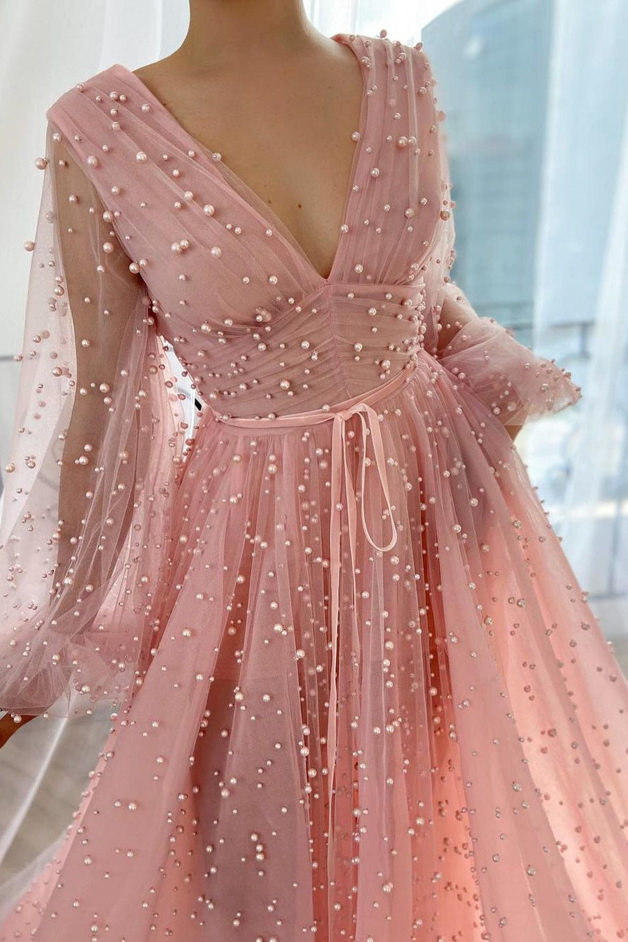 Sparkle in Style with Pink Plunging Neck Evening Dress With Pearl Beaded Tulle-BallBride