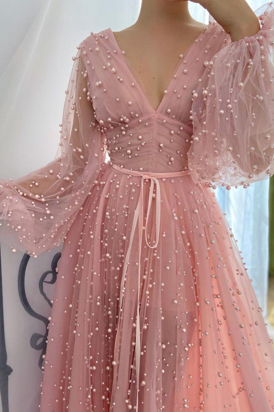 Sparkle in Style with Pink Plunging Neck Evening Dress With Pearl Beaded Tulle-BallBride