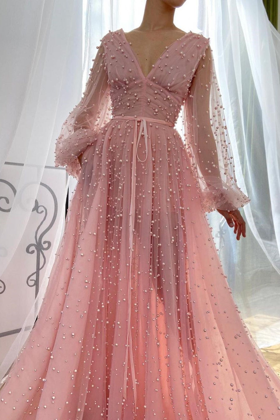 Sparkle in Style with Pink Plunging Neck Evening Dress With Pearl Beaded Tulle-BallBride