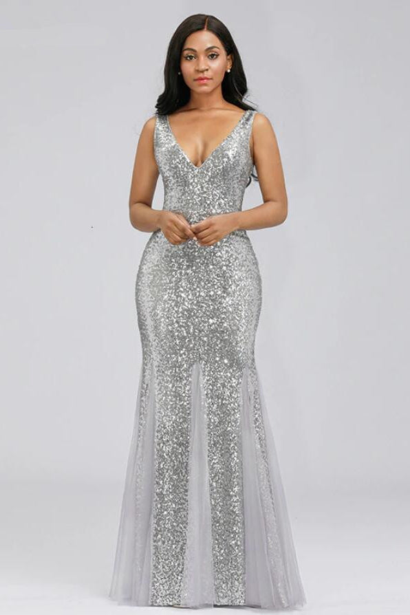 Sparkle in Style with Silver V-Neck Sequins Mermaid Prom Dress-BallBride