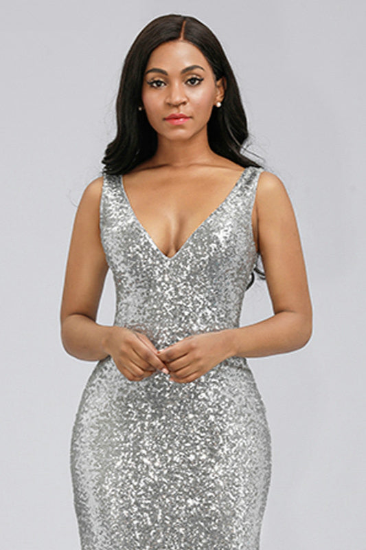 Sparkle in Style with Silver V-Neck Sequins Mermaid Prom Dress-BallBride