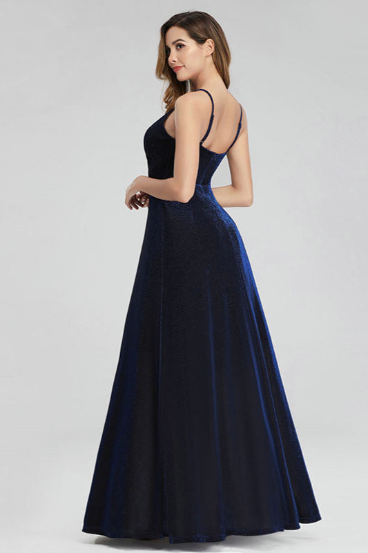 Sparkle Navy Blue Mermaid Long Prom Dress with Spaghetti-Straps-BallBride