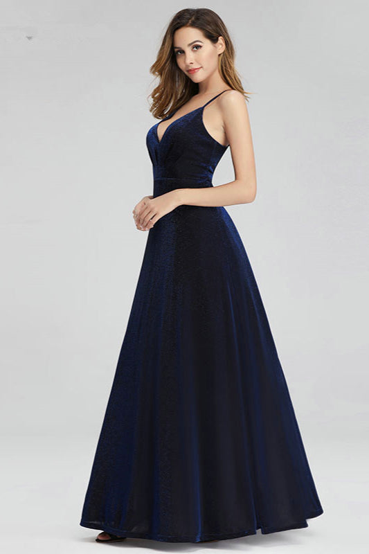 Sparkle Navy Blue Mermaid Long Prom Dress with Spaghetti-Straps-BallBride