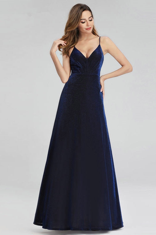 Sparkle Navy Blue Mermaid Long Prom Dress with Spaghetti-Straps-BallBride