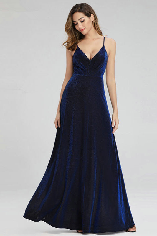 Sparkle Navy Blue Mermaid Long Prom Dress with Spaghetti-Straps-BallBride