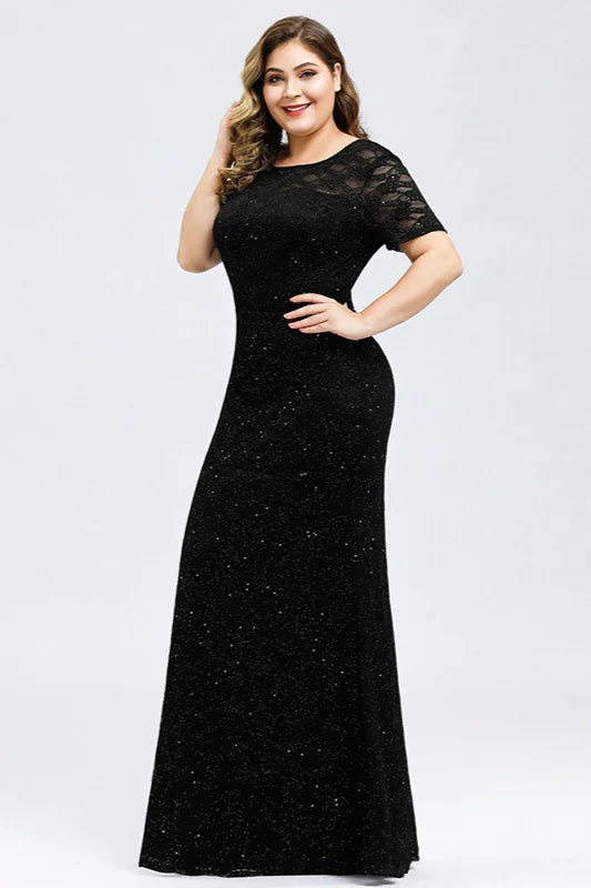 Sparkle Short Sleeve Black Lace Evening Gowns Mermaid Prom Dress With Beadings-BallBride