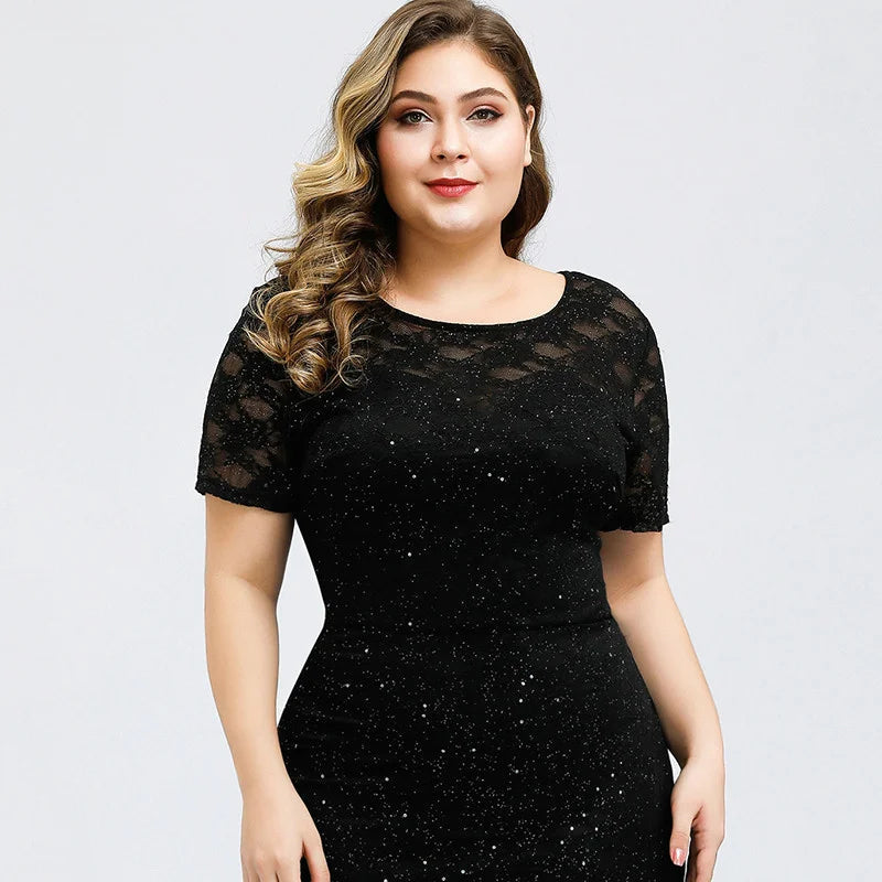 Sparkle Short Sleeve Black Lace Evening Gowns Mermaid Prom Dress With Beadings-BallBride