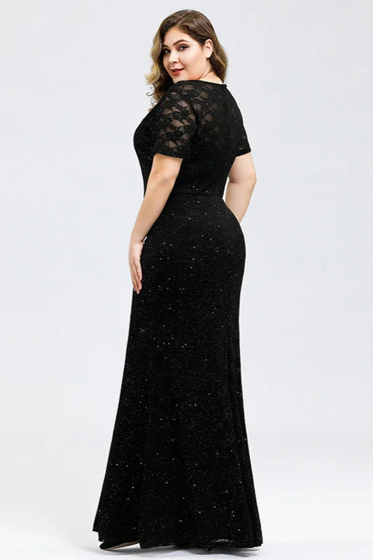 Sparkle Short Sleeve Black Lace Evening Gowns Mermaid Prom Dress With Beadings-BallBride