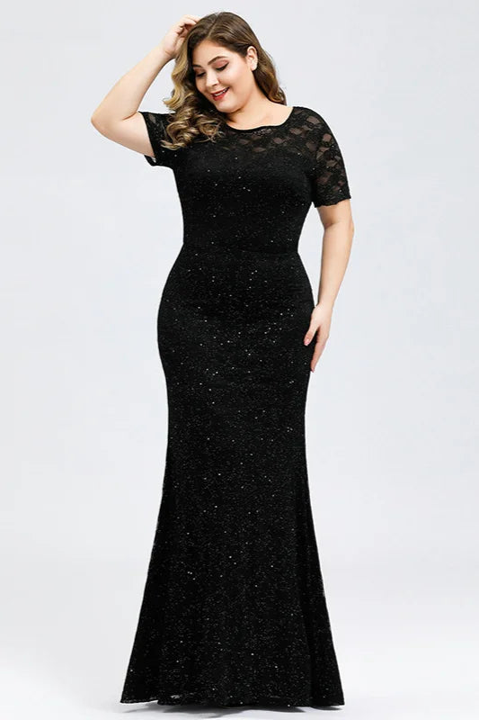 Sparkle Short Sleeve Black Lace Evening Gowns Mermaid Prom Dress With Beadings-BallBride