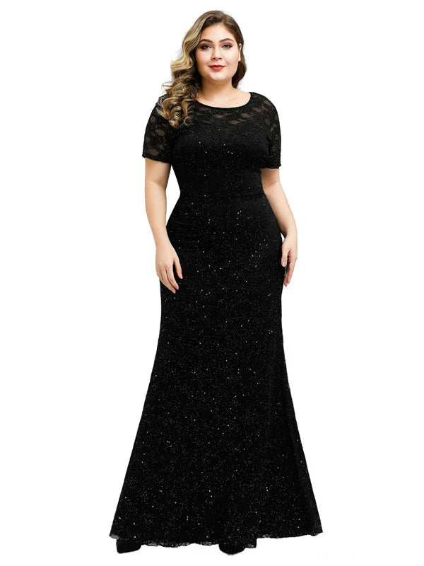 Sparkle Short Sleeve Black Lace Evening Gowns Mermaid Prom Dress With Beadings-BallBride